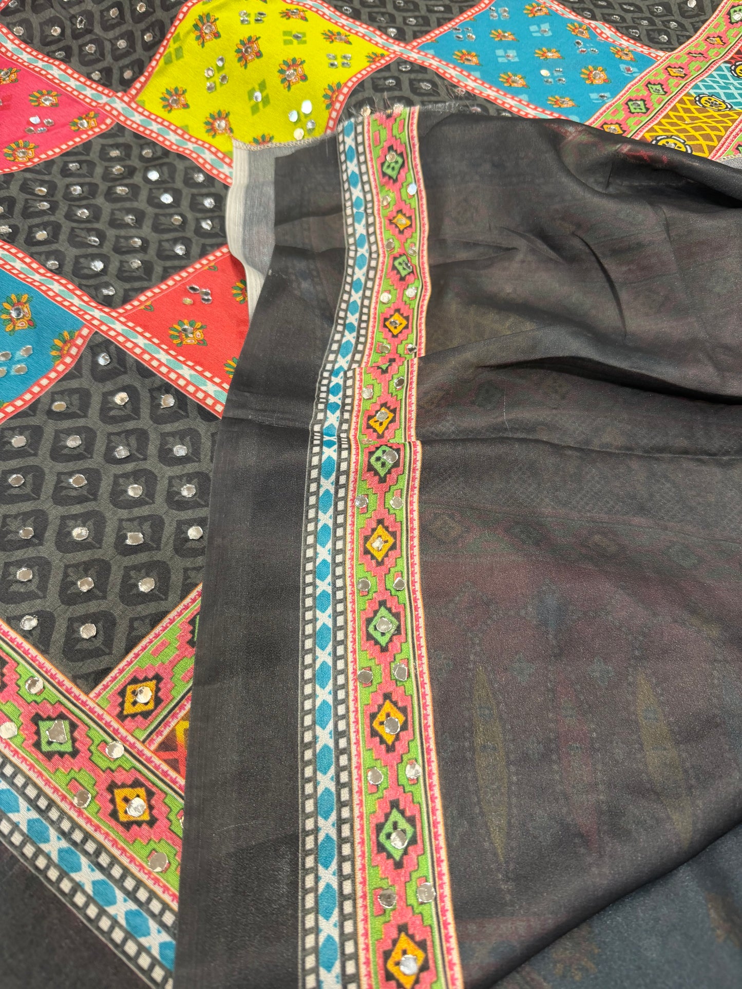 Multi coloured Mirror Worked Masakali Sari Indian Fancy Saree C3