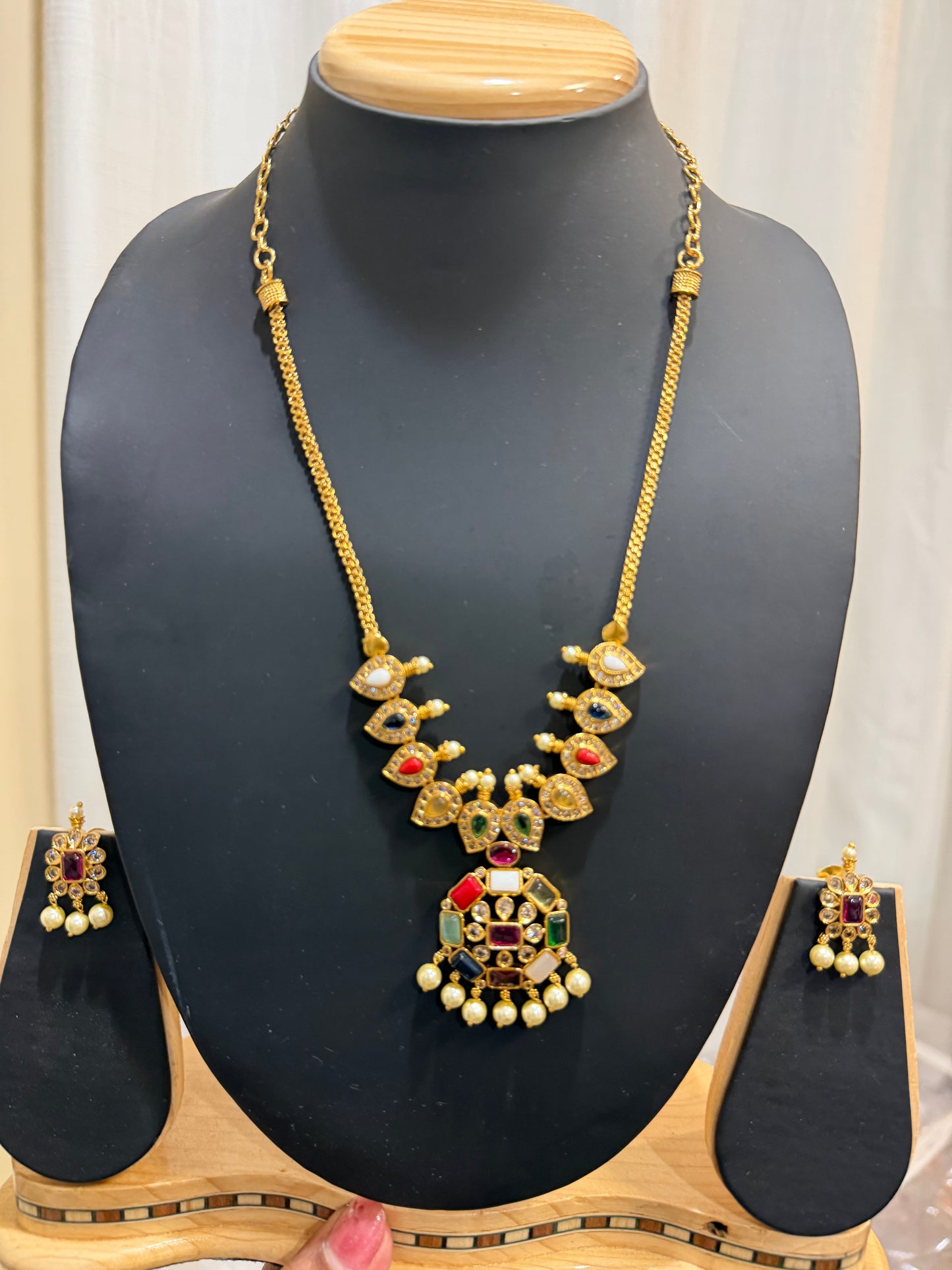 Navaratna Indian Necklace & Earrings Temple Jewellery Set N89