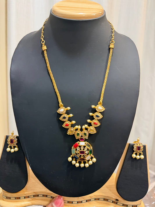 Navaratna Indian Necklace & Earrings Temple Jewellery Set N89