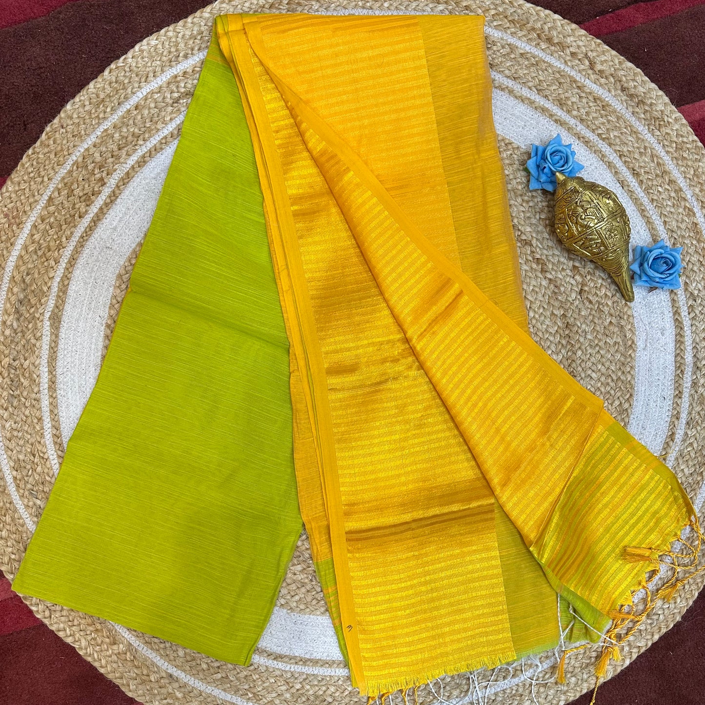Green & Pink Soft Slab Cotton Linen Sari Indian Saree with temple border C1