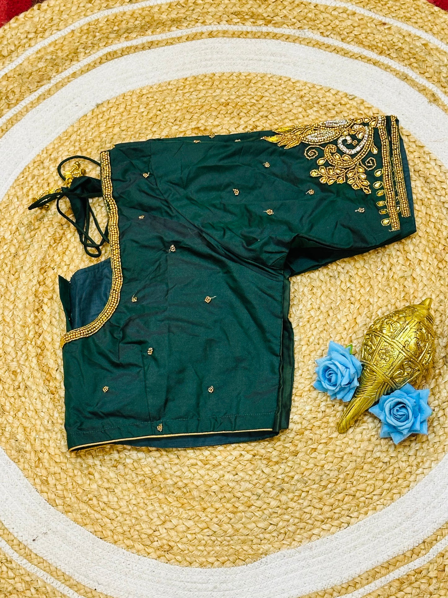 46” Size 16 Aari Worked Sari Blouse Indian Saree Top Silk Bottle Green B187