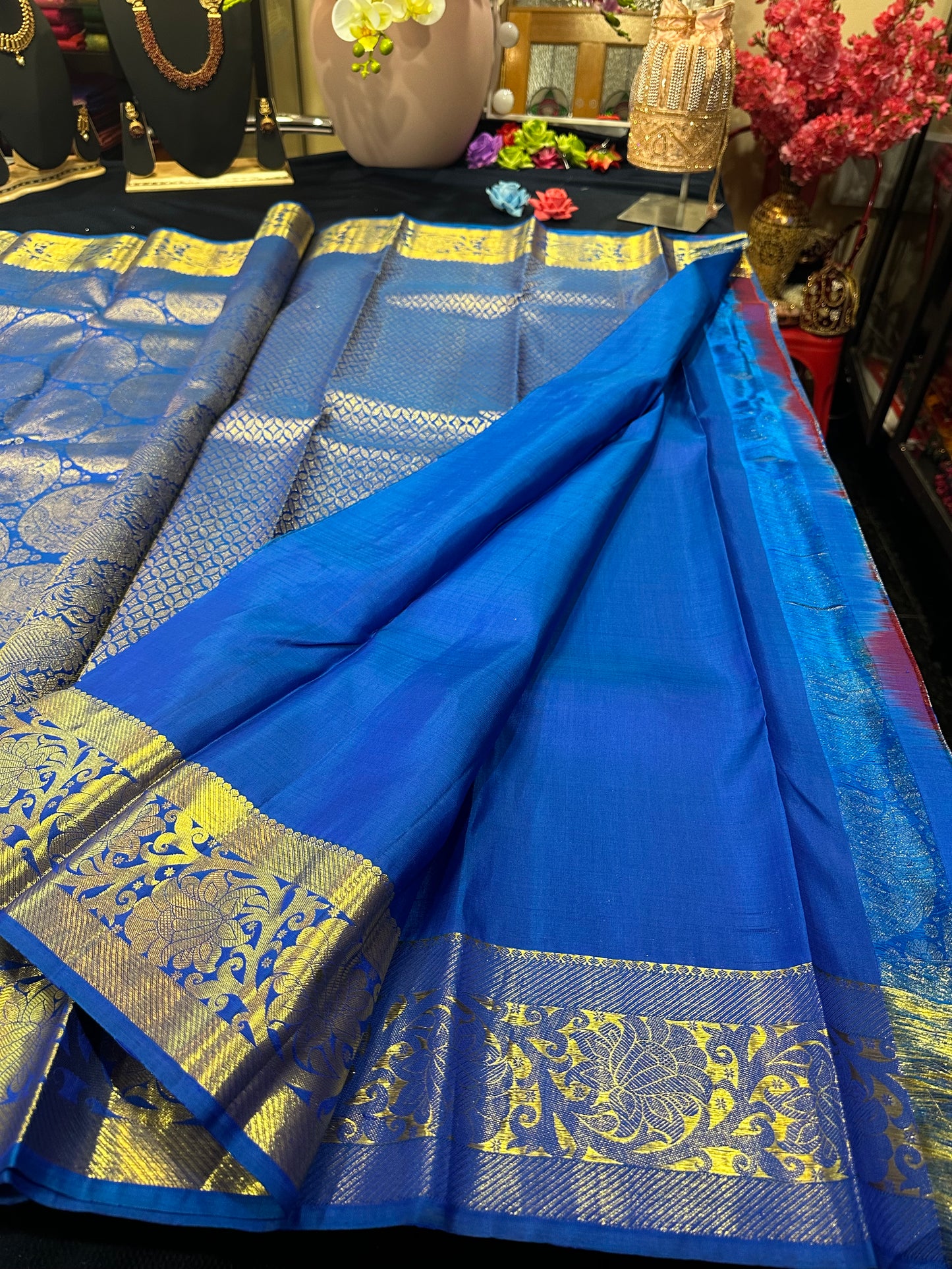 Kanchipuram Bridal Pure Silk Saree with Gold Zari Blue & Gold Sari| SPK084