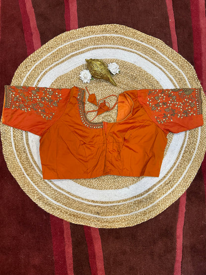50” Size 20 Aari Worked Sari Blouse Indian Saree Top Silk Orange B110