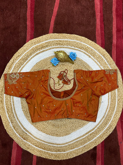 46” Size 16 Aari Worked Sari Blouse Indian Saree Top Silk Metallic Orange B194