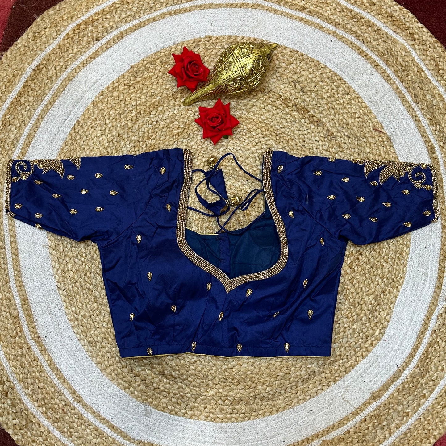 32” XS Size 6 Aari Worked Sari Blouse Indian Saree Top Navy B318