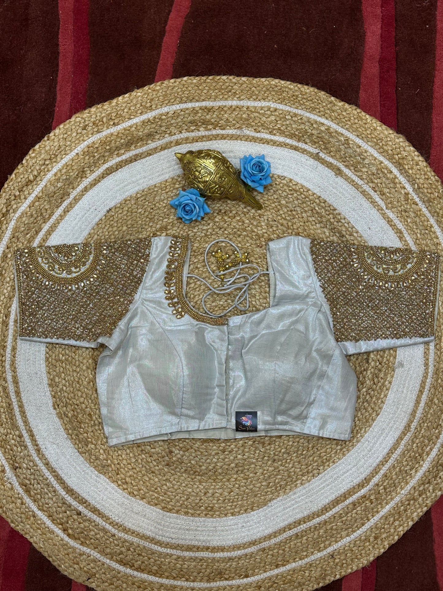 40” Size 10 Aari Worked Sari Blouse Indian Saree Top Silk Silver B180