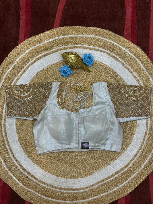 40” Size 10 Aari Worked Sari Blouse Indian Saree Top Silk Silver B180