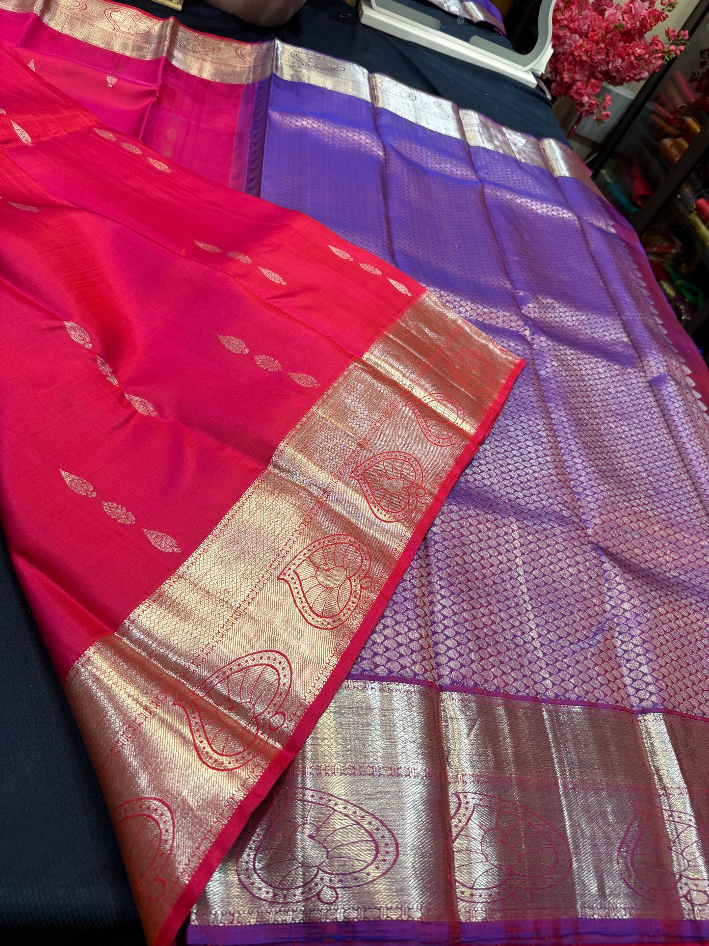 Kanchipuram Pure Silk Saree with Gold Zari Pink & Purple Sari| SPK079