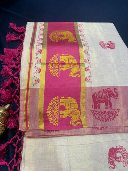 Pink Elephant Kerala Vishu Sari Indian Cream Tissue Saree C7