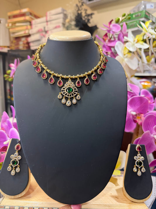 Indian Brass Necklace & Earrings Jewellery Set Multi N64