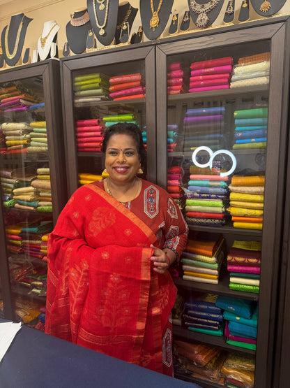 Silk Cotton Linen Sari Indian Saree Copper Jari Red S134