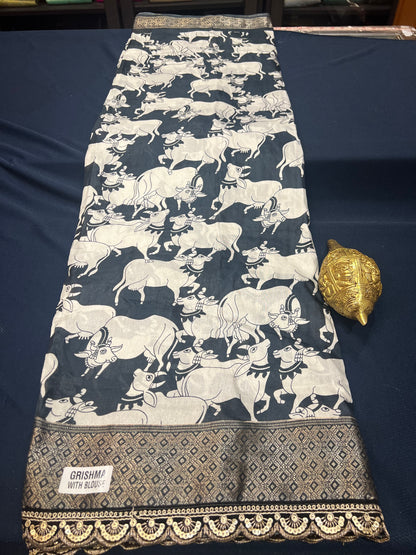 Kalamkari black and white Sari Indian casual Saree C6