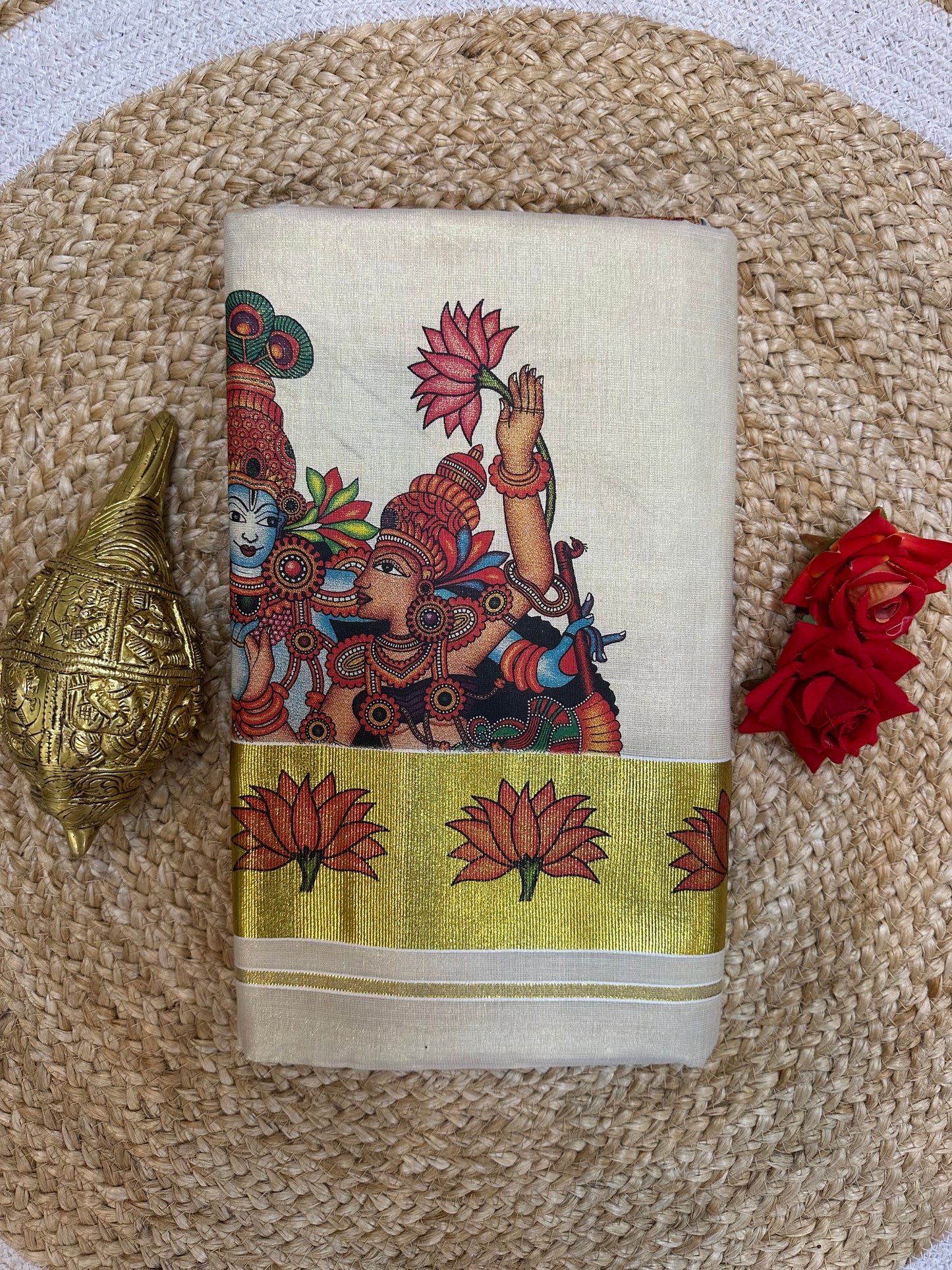Kerala Vishu Sari Indian Cream Tissue hand Printed Saree C7 - Col 3