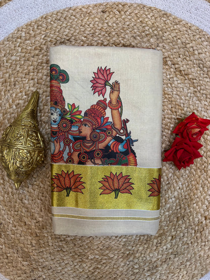 Kerala Vishu Sari Indian Cream Tissue hand Printed Saree C7 - Col 3
