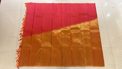 Raising Border Kanchipuram Pure Silk Saree Pinkish Orange Kanjivaram Sari| SPK142