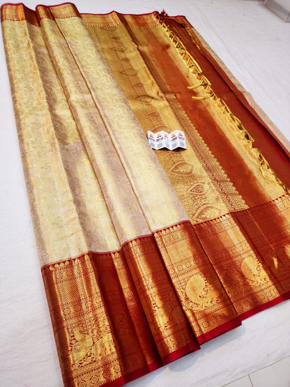 Kanchipuram Pure Silk Saree Bridal cream Kanjivaram Sari SPK247