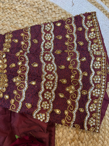 40” Aari hand Worked Sari Blouse Indian Top Choli Silk Maroon B30