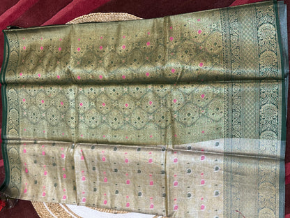 Tissue Silk brocade Sari Indian Fancy Saree Blue & Golden S18