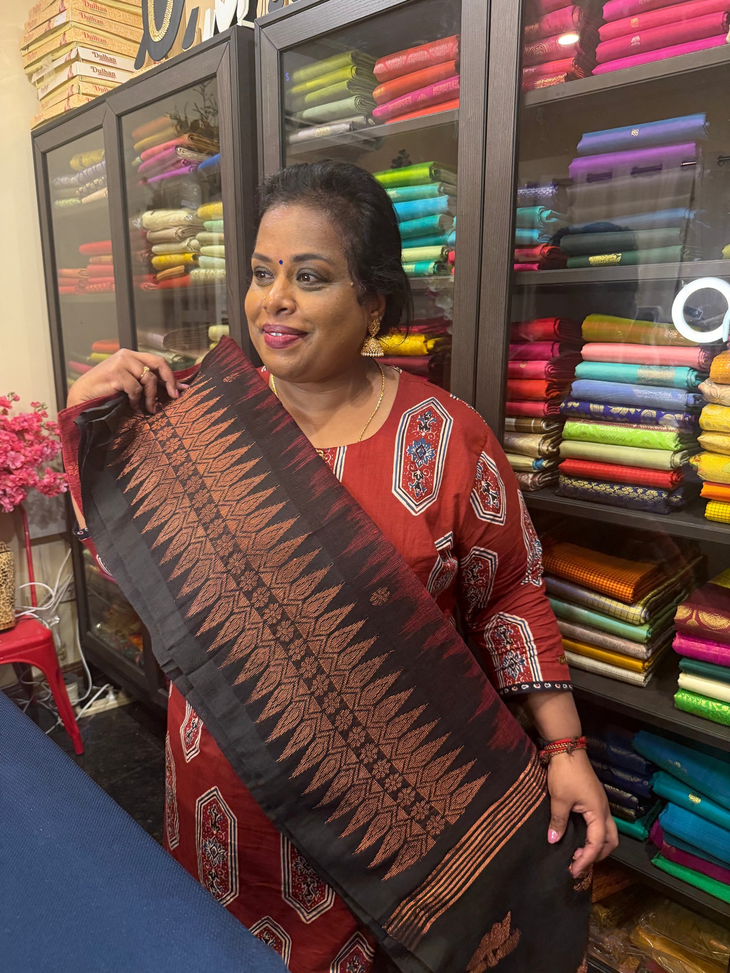 Silk Cotton Linen Sari Indian Saree Copper Jari Maroon Black S129