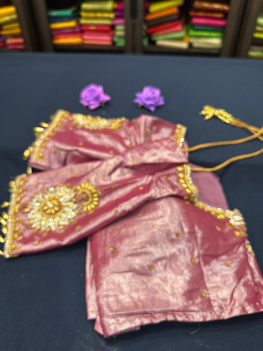 40” Aari hand Worked Sari Blouse Indian Top Choli Silk Onion Pink B3