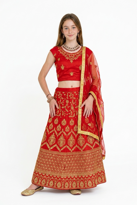 32” Size Age 7 to 9 Red Indian Lehenga Pavadai Sattai Skirt Top G77 Col 2