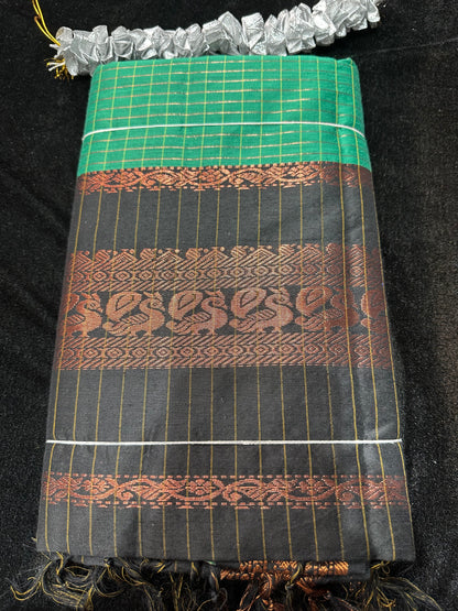 Kalyani Silk Cotton Sari Indian Saree Green & Black S140