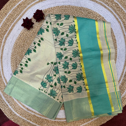 Aqua Blue Lotus Kerala Vishu Sari Indian Onam Tissue hand Painted Saree C10