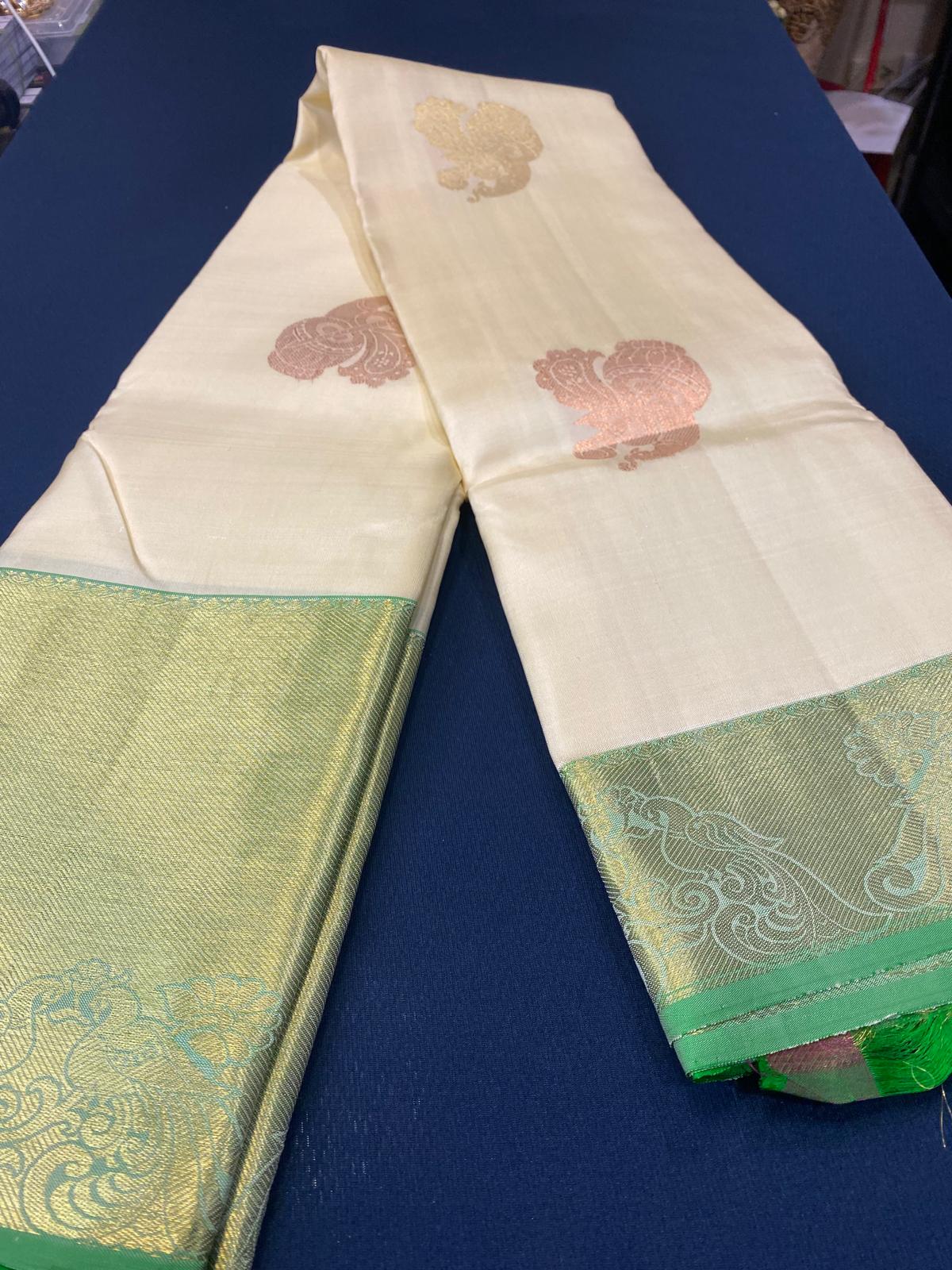 Kanchipuram Pure Silk Saree Cream & Green Kanjivaram Sari| SPK133