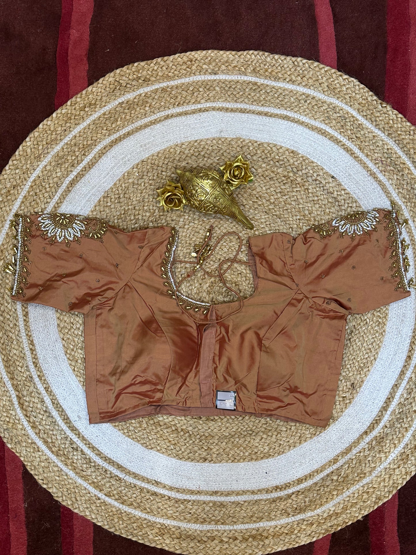 40” Size 10 Aari Worked Sari Blouse Indian Saree Top Silk Light Copper B78