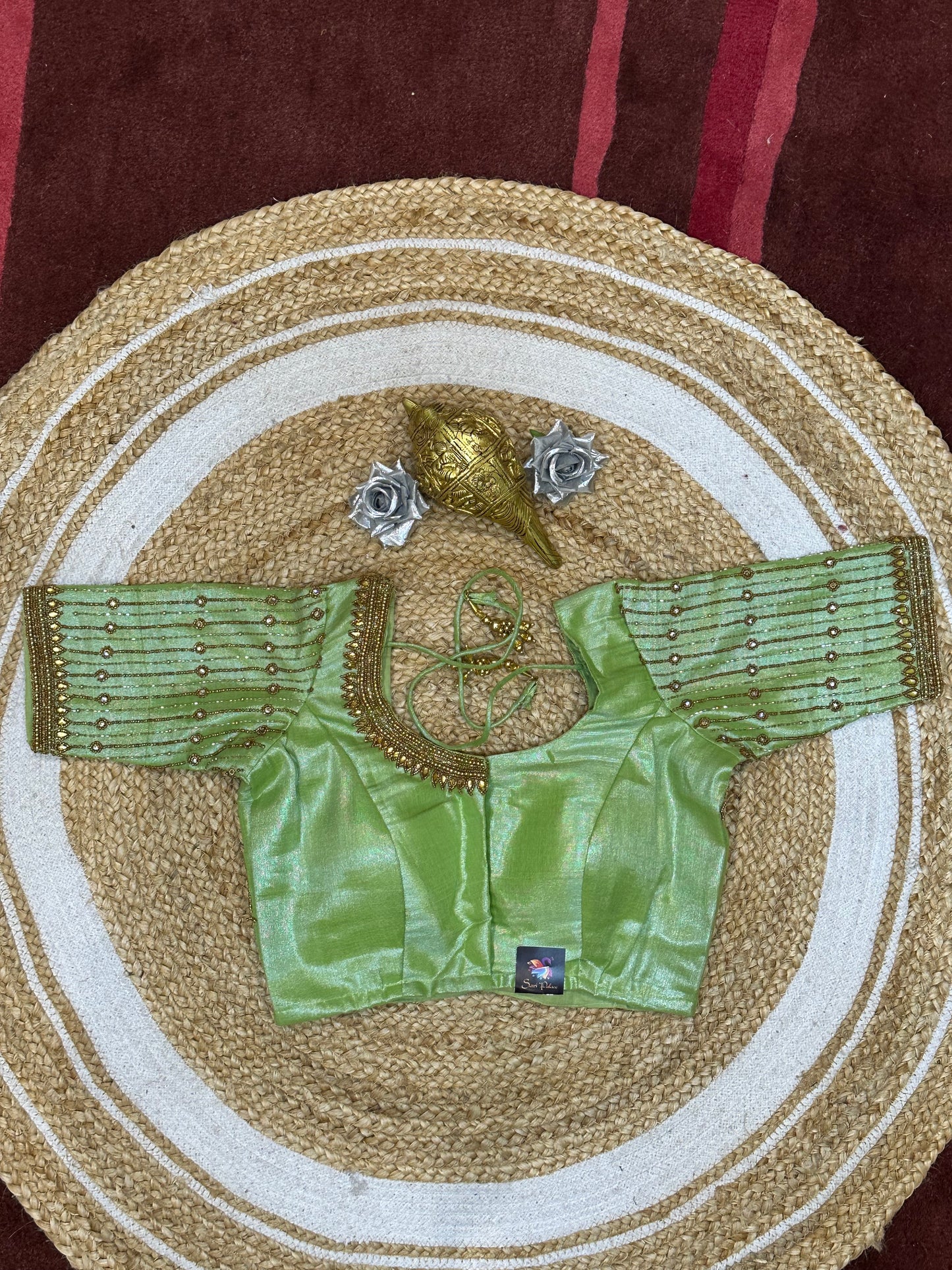 34” XS Aari Worked Sari Blouse Indian Saree Top Tissue Silk Green B112