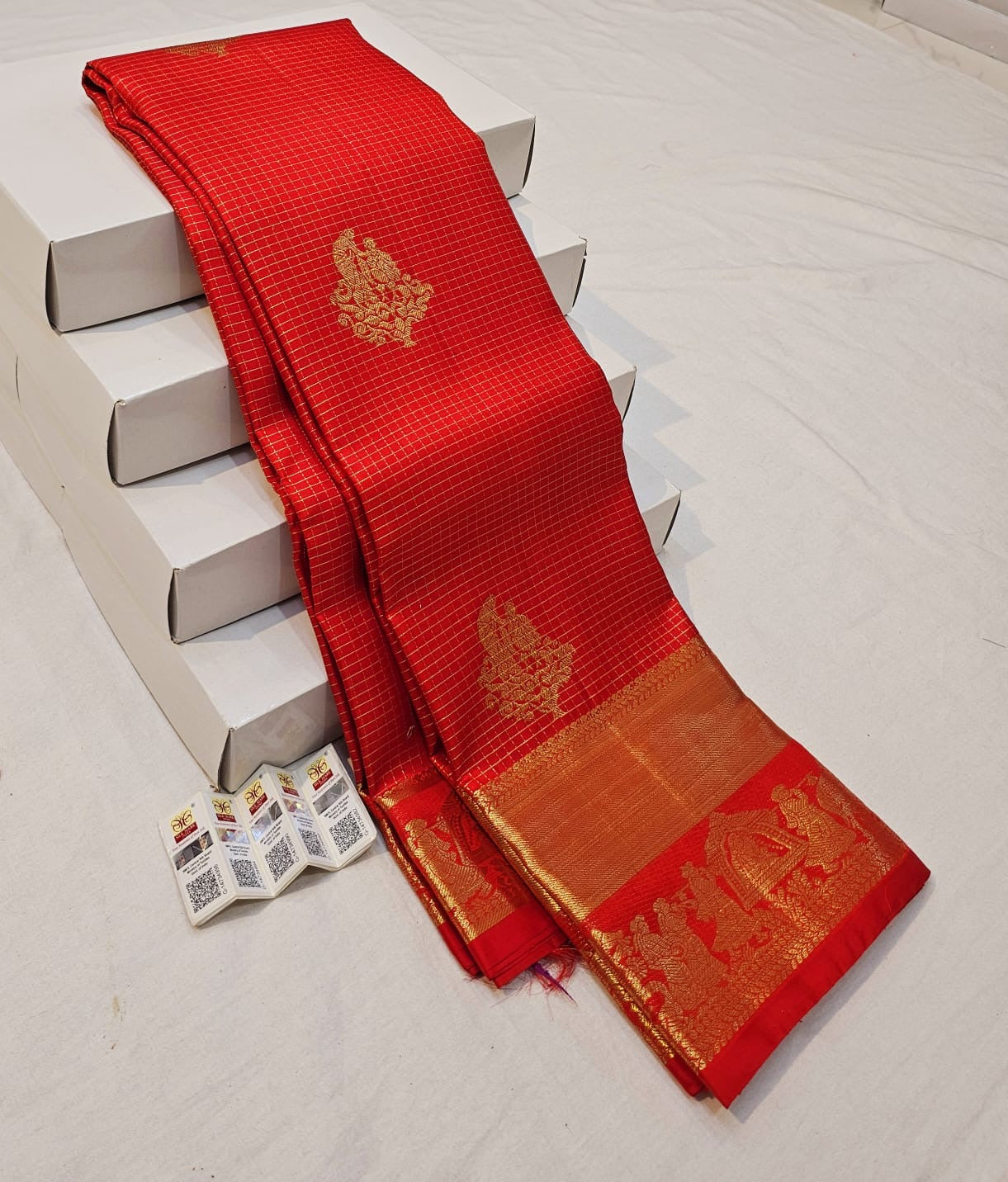 Kanchipuram Pure Silk Saree Bridal Red Checkered Kanjivaram Sari SPK255
