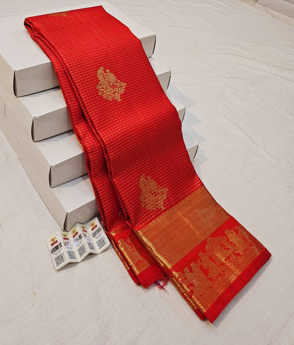 Kanchipuram Pure Silk Saree Bridal Red Checkered Kanjivaram Sari SPK255