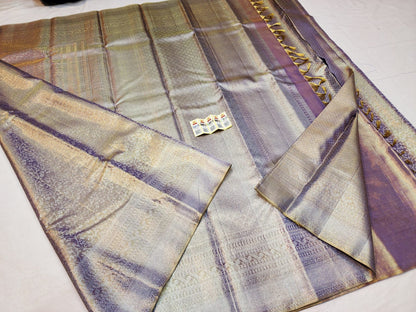 Bridal Tissue Kanchipuram Pure Silk Saree Gold Lavender Kanjivaram Sari| SPK152