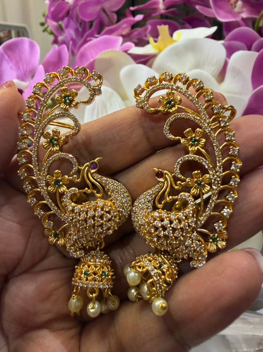 Brass Indian Jewellery Cuff Earrings Chandbali Jumka with Kemp stones E11