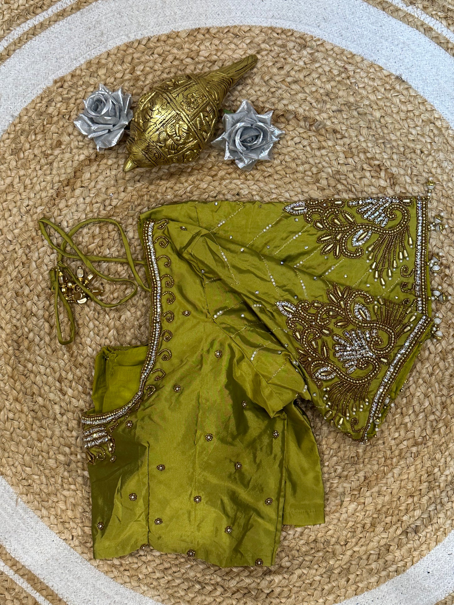 38” M Size 8 Aari Worked Sari Blouse Indian Saree Top Mehendi Green B178