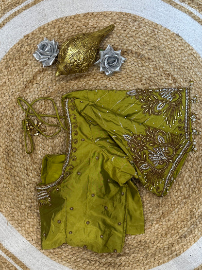 38” M Size 8 Aari Worked Sari Blouse Indian Saree Top Mehendi Green B178