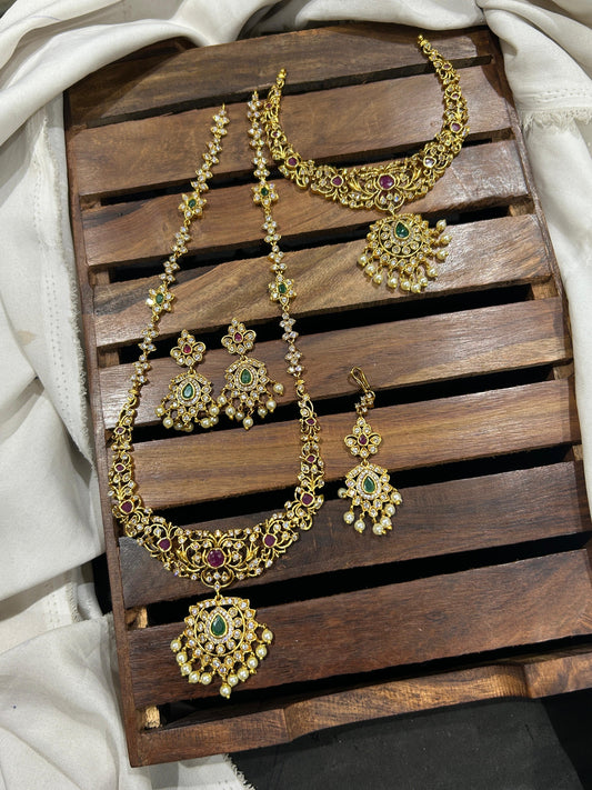 Indian Haram Bridal Necklace & Earrings Jewellery Combo Set with pearls N59