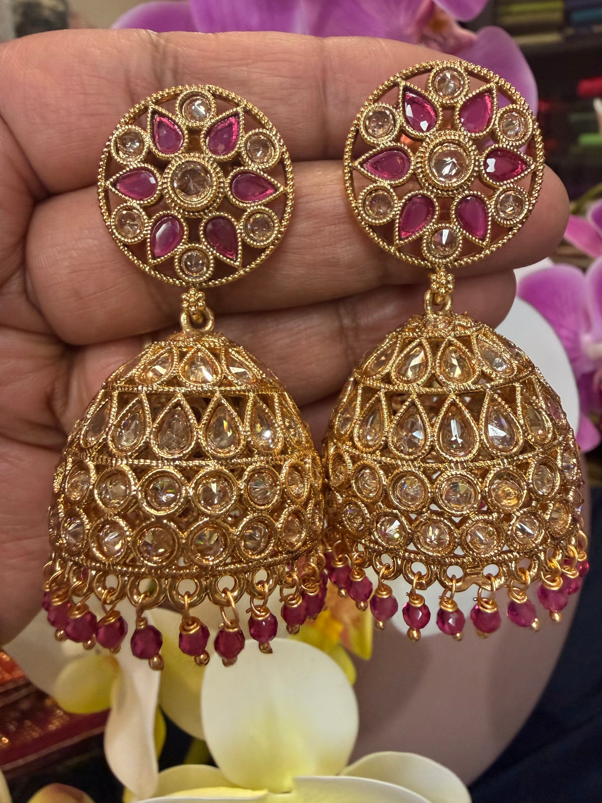 Golden Pink Jumka Jhumka Indian Brass Earrings Jimikki Kammal Indian Jewellery E30