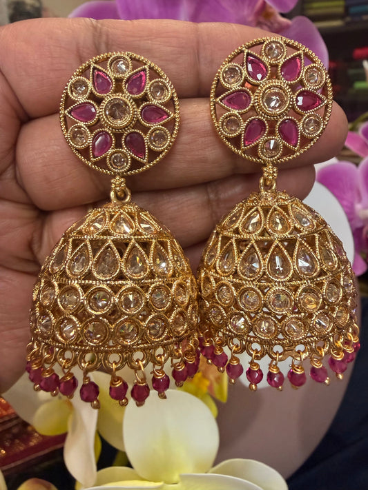 Golden Pink Jumka Jhumka Indian Brass Earrings Jimikki Kammal Indian Jewellery E30