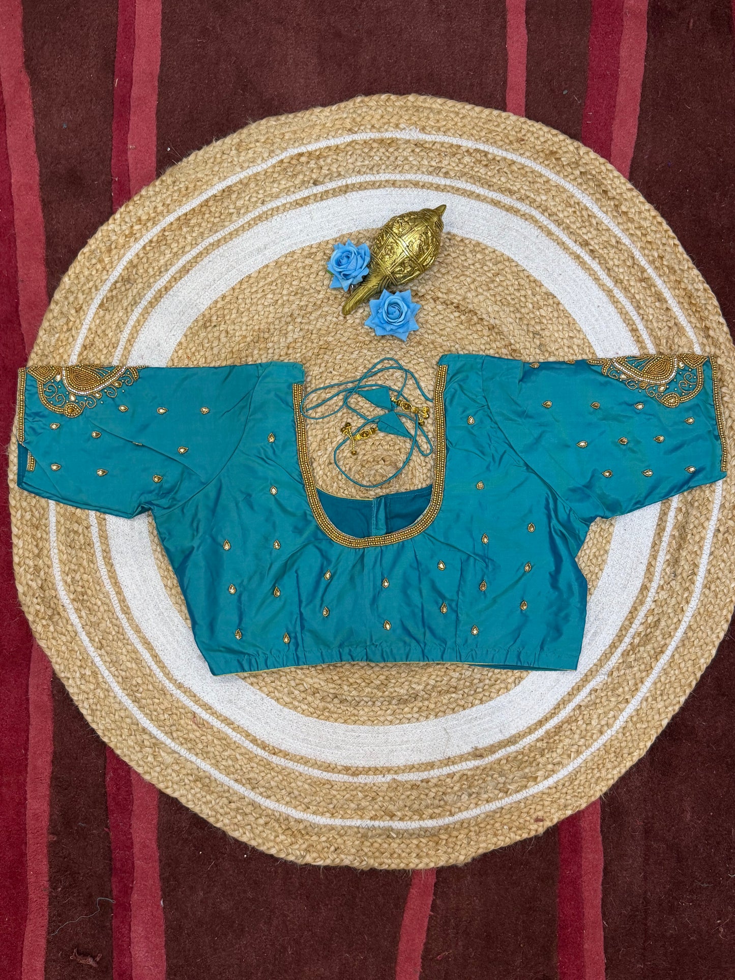 46” Size 16 Aari Worked Sari Blouse Indian Saree Top Silk Blue B228