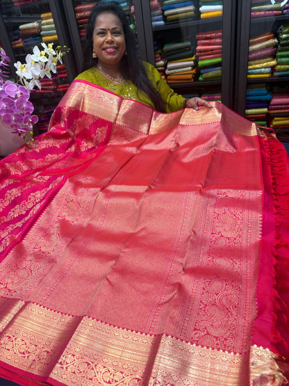 Kanchipuram Pure Silk Saree Bridal Reddish Pink Kanjivaram Sari SPK481