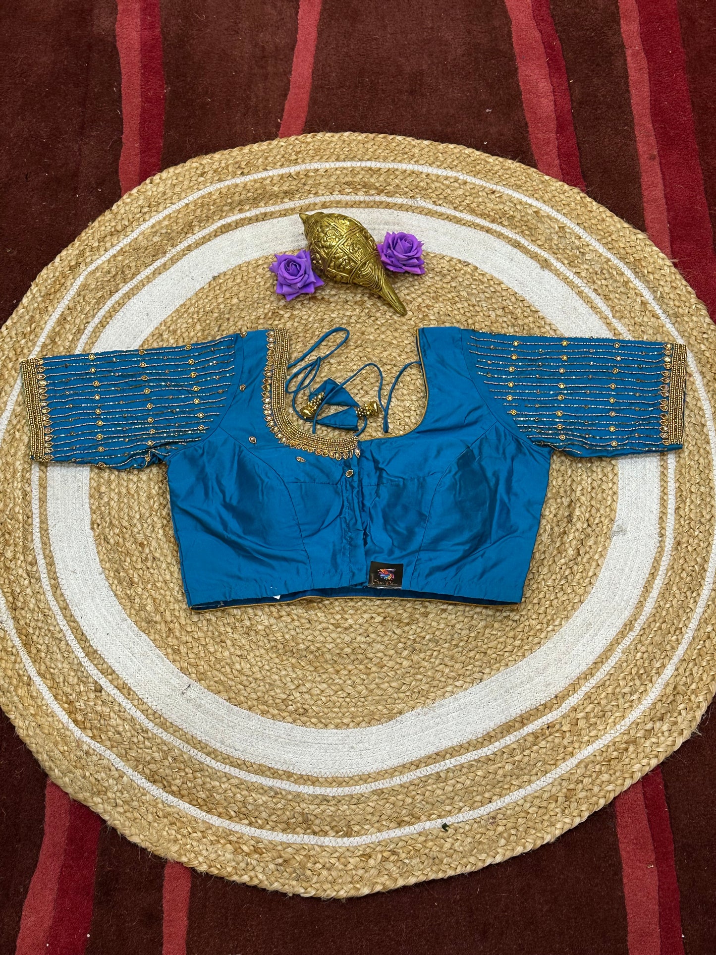 36” Small size Aari Worked Sari Blouse Indian Saree Blue B217