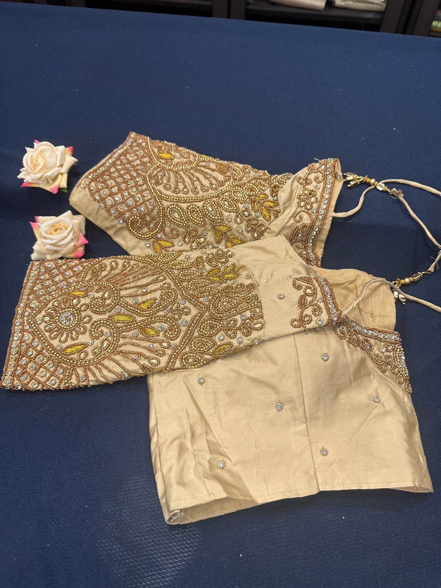 40” Aari hand Worked Sari Blouse Indian Top Choli Silk Gold B7