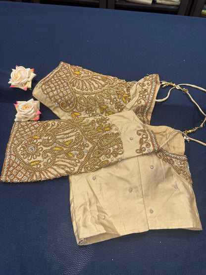 40” Aari hand Worked Sari Blouse Indian Top Choli Silk Gold B7