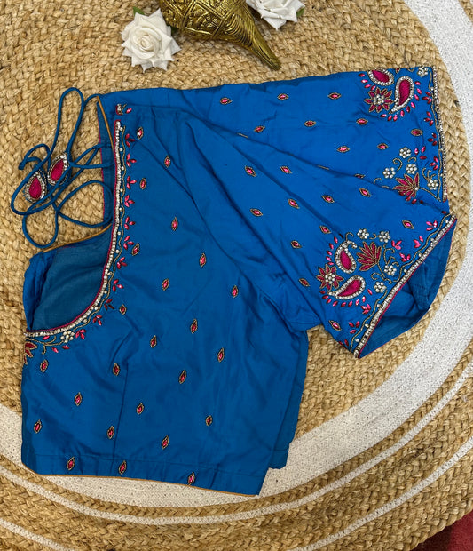 50” Size 20 Aari Worked Sari Blouse Indian Saree Top Silk Blue B52