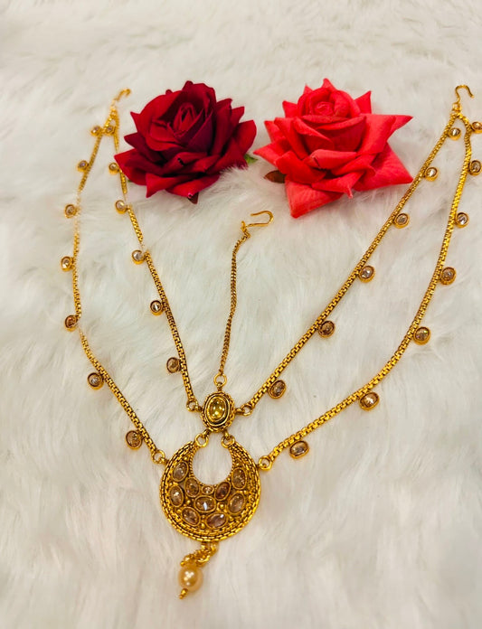 Maang tikka Damini Indian Jewellery T004 Hair Accessories Gold CLR  Polki Stones