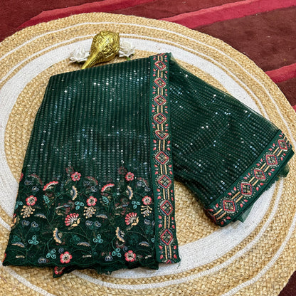 Sequins Net Sari Indian Fancy Saree Bottle Green V1