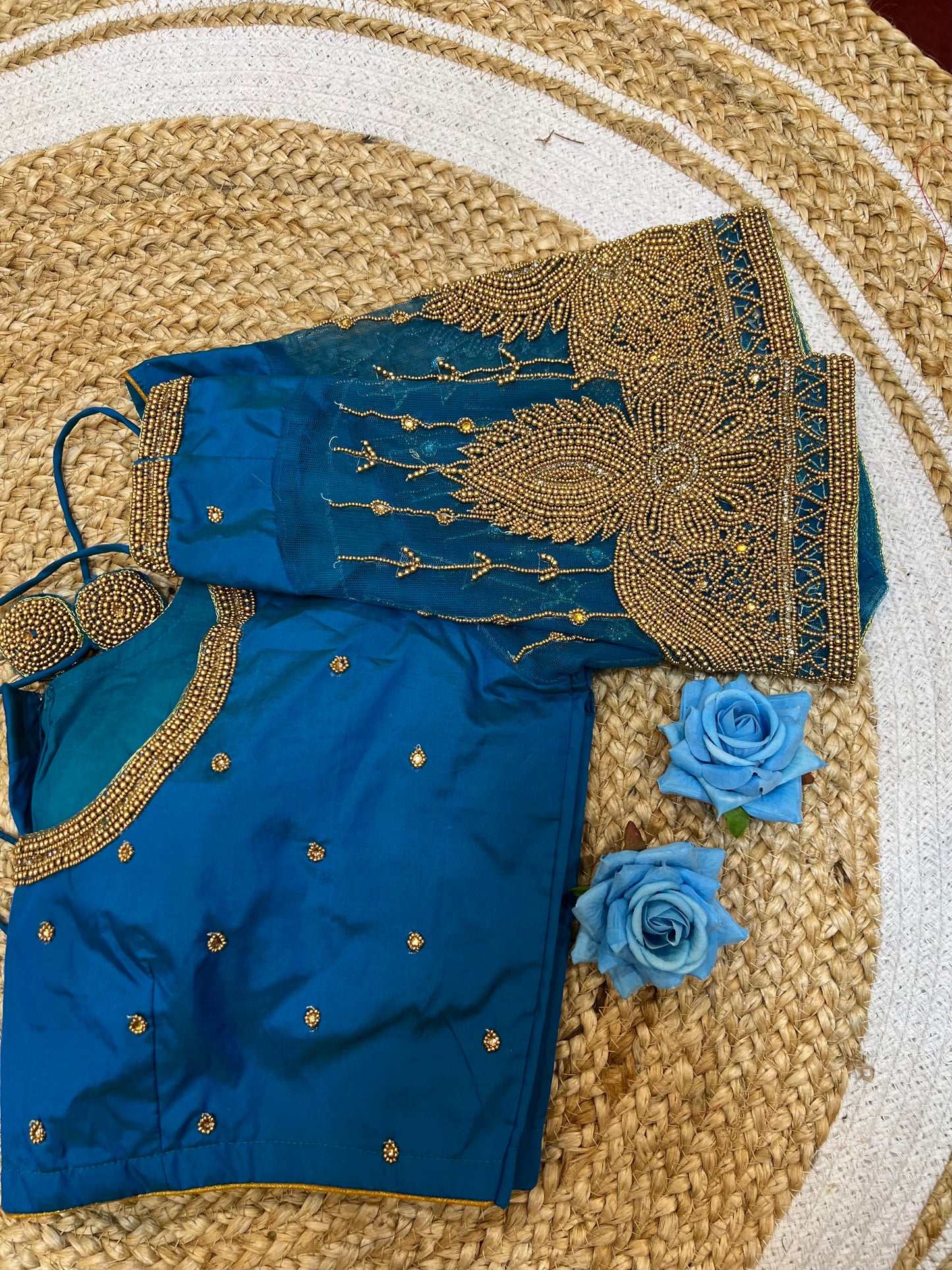 40” Bridal Aari hand Worked Sari Blouse Indian Top Choli Silk Blue B41