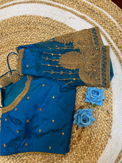 40” Bridal Aari hand Worked Sari Blouse Indian Top Choli Silk Blue B41