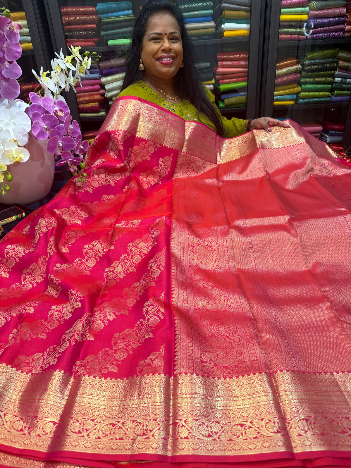 Kanchipuram Pure Silk Saree Bridal Reddish Pink Kanjivaram Sari SPK481